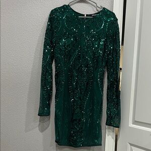 Balmain Emerald Sequin Long Sleeve Dress